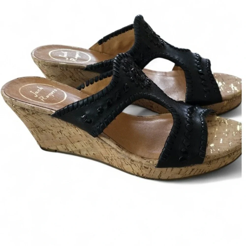 Jack Rogers Black‎ Leather Whipstitch Cork Wedge Sandals Gold Fleck 7.5M